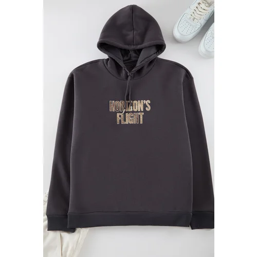 Trendyol Anthracite Oversize/Wide Cut Hooded Sweatshirt with Patterned Text Printed Fleece Inside