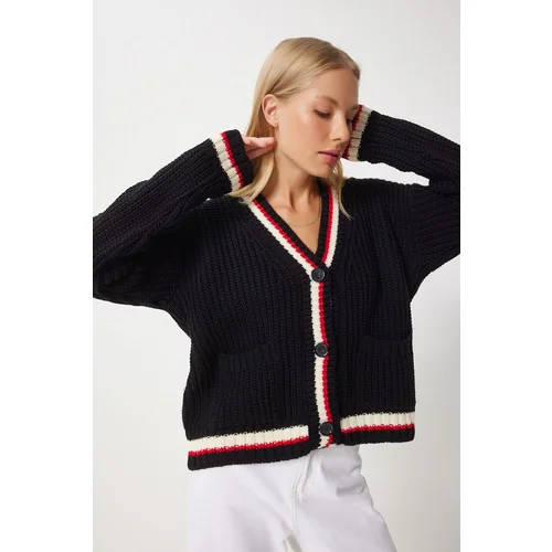 Happiness İstanbul Women's Black V Neck Stripe Detailed Knitwear Cardigan