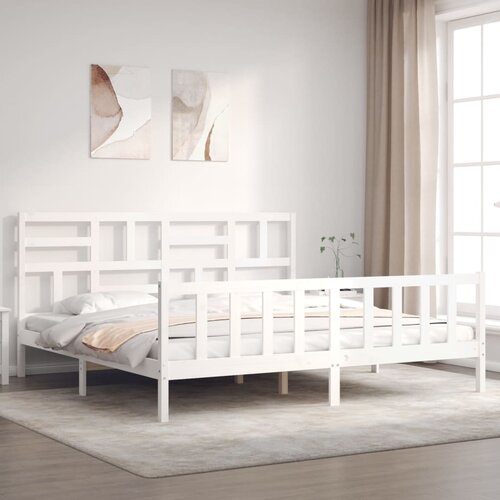 The Living Store Posteljni okvir z vzglavjem bel 200x200 cm trden les - Posteljni Okvir, (21531540) Cene