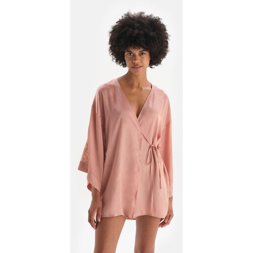 Dagi Salmon Dressing Gown with Lace Detail and Tie Front Slike