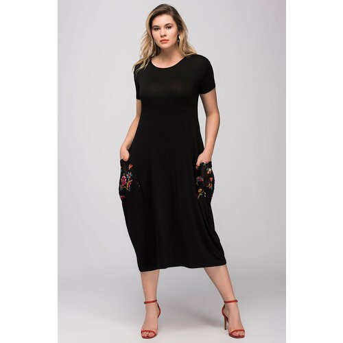 Şans Women's Plus Size Black Writing Pocket Viscose Fabric Dress Cene