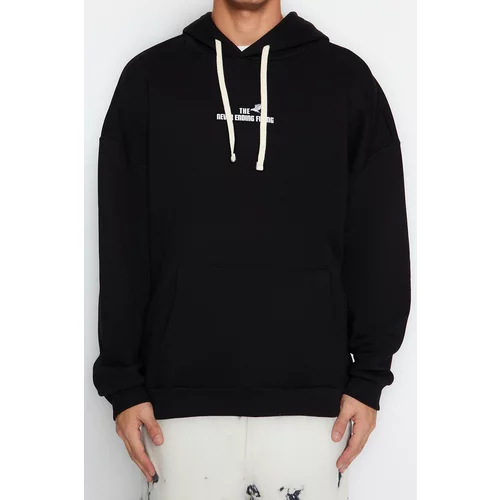 Trendyol Black Men's Oversize Hoodie. Animal Printed Cotton Sweatshirt with a Soft Pile Inside.