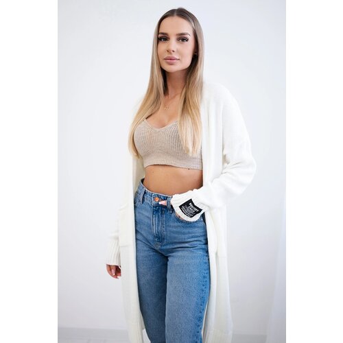 Kesi Włoski Cardigan with pockets and sleeve patch ecru Cene
