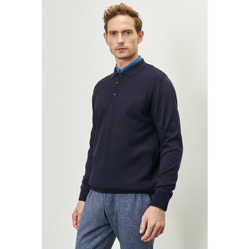 ALTINYILDIZ CLASSICS Men's Navy Blue Standard Fit Normal Cut Polo Collar Woolen Dobby Knitwear Sweater. Cene