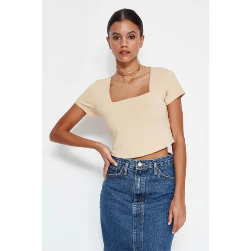 Trendyol Stone Bodice Detail Crop Square Collar Cotton Stretch Knitted Blouse
