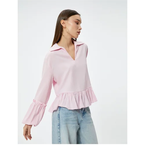  Frill Blouse Polo V Neck Long Sleeve Textured Viscose Fabric Comfortable Fit