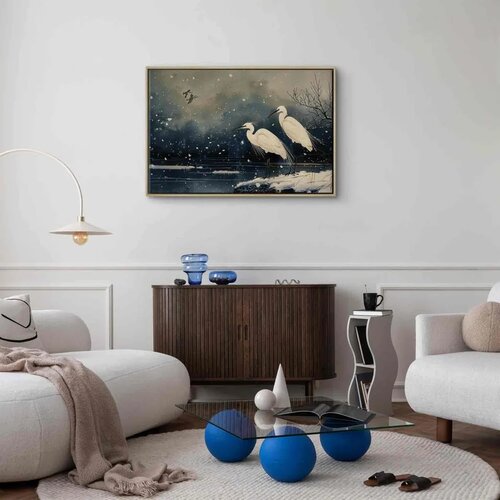  Slika - Herons over a winter pond - Japanese-style illustration in dark colours 90x60 U prirodnom drvenom okviru Slike