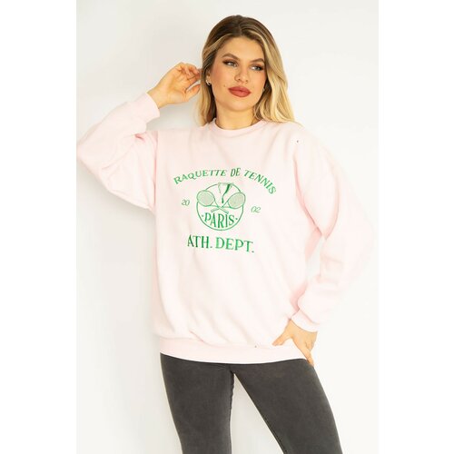 Şans Women's Plus Size Pink 3 Thread Inner Raising Fleece Embroidered Sweatshirt Slike