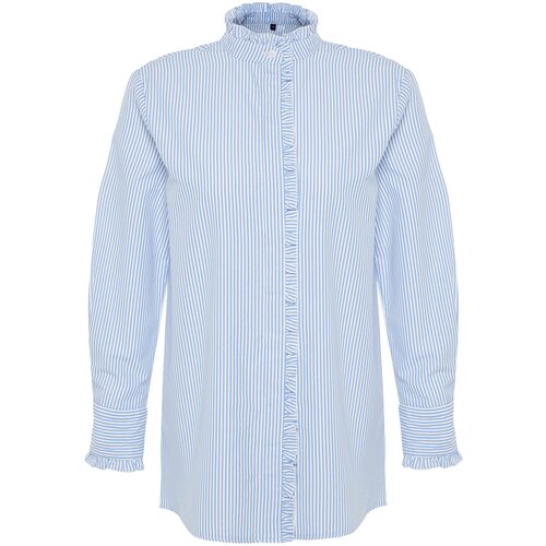 Trendyol Blue Striped Woven Shirt with Ruffle Detail on Placket and Collar Cene