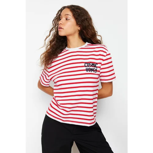 Trendyol Red-White Striped Slogan Embroidery Detailed Relaxed/Comfortable Fit Knitted T-Shirt
