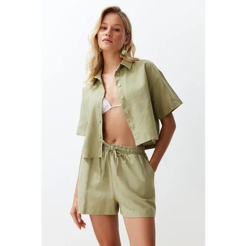 Trendyol Green Woven Linen Look Shirt Shorts Set