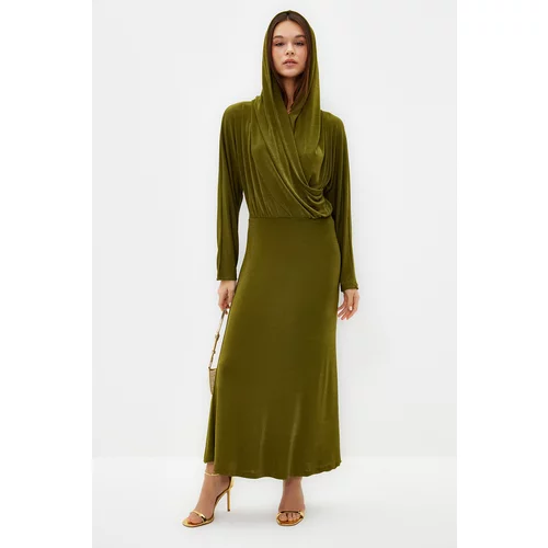 Trendyol Khaki Double Breasted Collar Hooded Stylish Knitted Dress