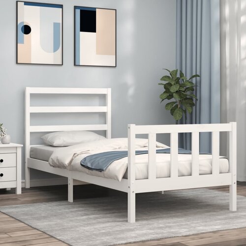 The Living Store Posteljni okvir z vzglavjem bel 90x200 cm trden les - Posteljni Okvir, (21523709) Slike