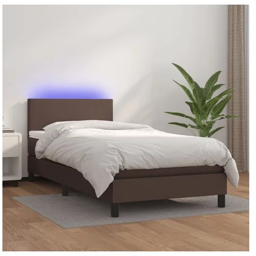  Box spring postelja z vzmetnico LED rjava 90x200 cm um. usnje