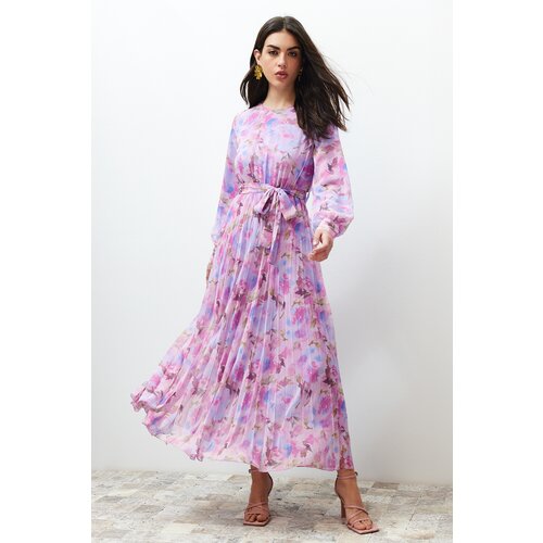 Trendyol Pink Floral Sash Detailed Lined Chiffon Woven Dress Slike