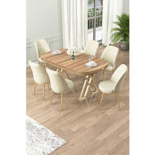 Hanah home Lai - Light Walnut, Gold, Cream Light WalnutGoldCream Dining Table & Chairs Set (7 Pieces) Cene