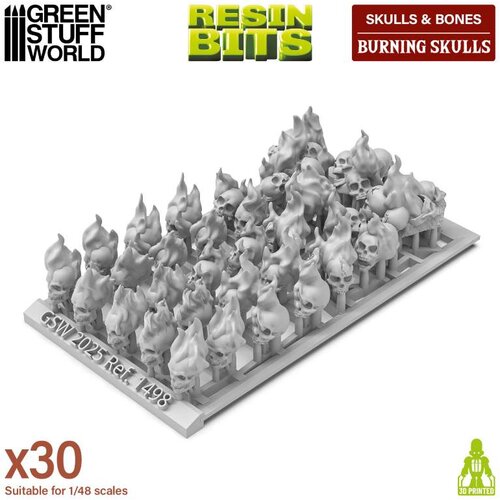 Green Stuff World Flaming Resin Skulls Set | Plamene smolaste lobanje set (30 kom, 1:48 razmera) Slike