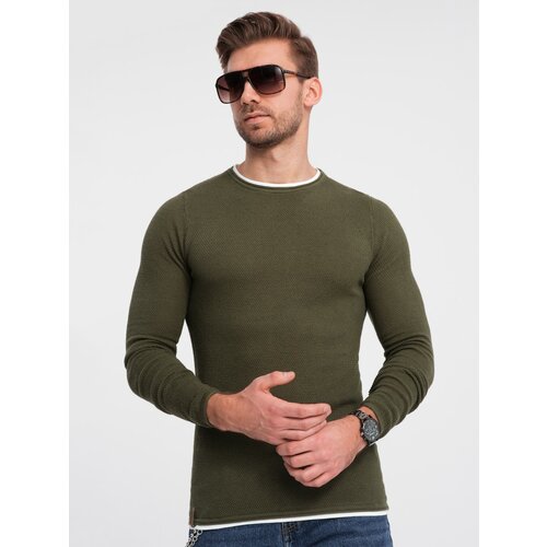 Ombre Men's cotton sweater with round neckline - dark olive Slike
