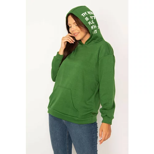 Şans Women's Plus Size Green Hooded Kangaroo Pocket Raising Fleece Sweatshirt