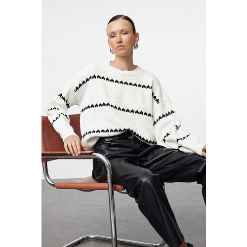 Trendyol Ecru Openwork/Hole Striped Knitwear Sweater Slike