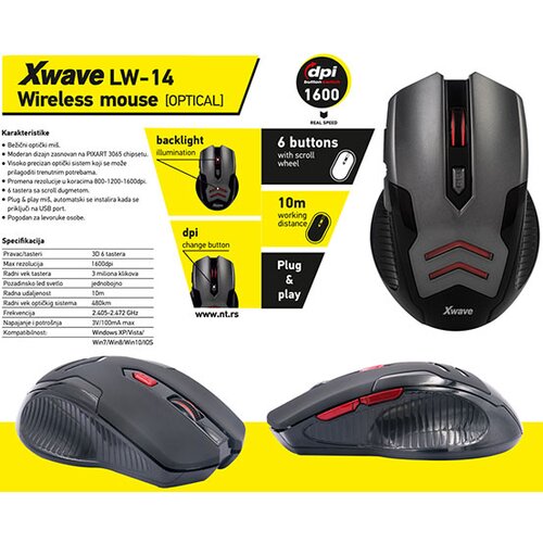 X Wave LW-14 miš bežični optički usb do 1600dpi/2.4Ghz/6-10m/6 tastera/ergonomski Cene