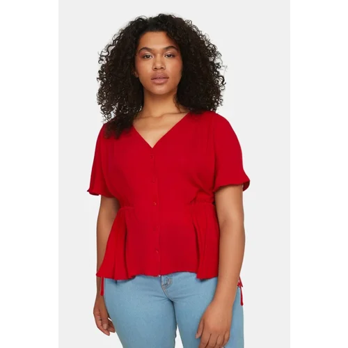 Trendyol Curve Red Woven V-Neck Tie-Up Blouse