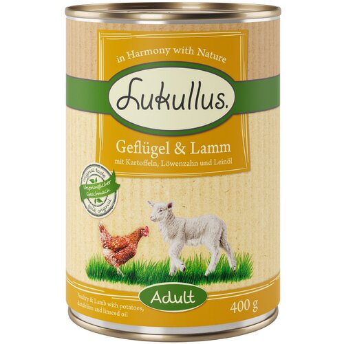  Varčno pakiranje Lukullus naravna hrana 24 x 400 g - Adult Perutnina & jagnjetina (brez žit) Cijene