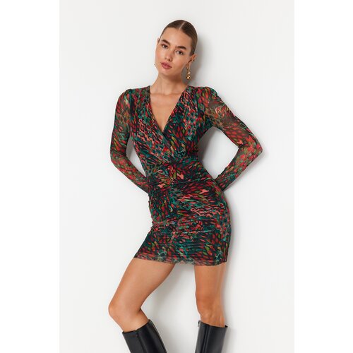 Trendyol Black Printed Draped V-Neck Fitted/Situated Tulle Mini Knitted Dress Slike