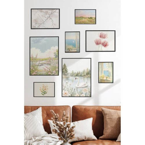 Wallxpert set od 8 uramljenih slika Çgs-053, pastelni pejzaži – beli labud na jezeru, cvetna livada, more i roze lale, crni ram Cene