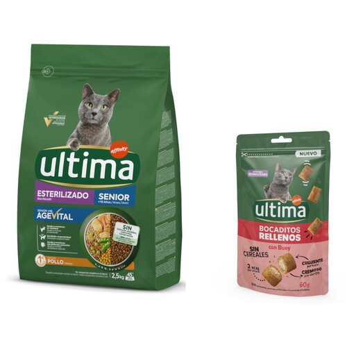  2,5 kg Ultima + 60 g Ultima Snacks punjeni zalogajčići s govedinom gratis! - Sterilized Senior piletina Slike