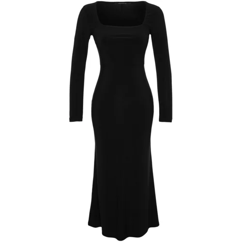 Trendyol Black Ruffles Square Neckline Fitted/Slipped Maxi Stretch Knit Dress