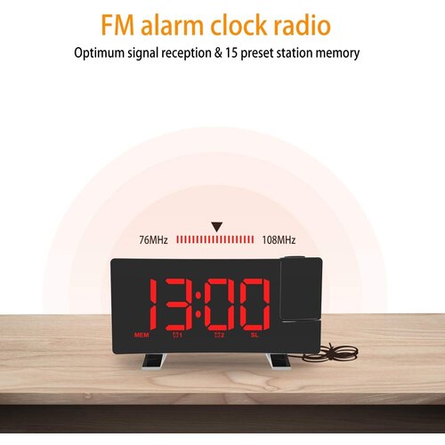 Venisymlis Projekcijska Digitalna Budilka Z LED, FM Radio, USB, 3 Svetlosti, 180° Projekcija, Rdeča, (22060569) Cene