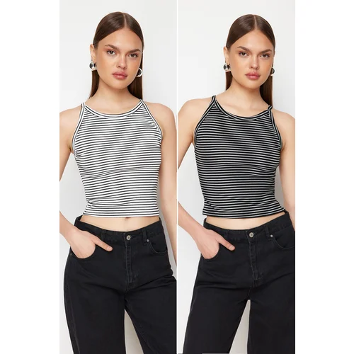 Trendyol Black-White 2-Pack Striped Strap Corded Knitted Undershirt