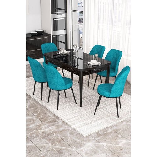 Hanah home trpezarijski set Via, sto na razvlačenje i 6 stolica, ploča u dekoru crnog mermera, tirkizna tkanina Jerry Cene