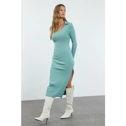 Trendyol Mint Plain Polo Neck Bodycone/Fitting Slit Detailed Midi Knitted Dress