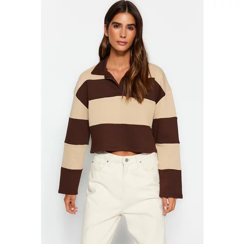 Trendyol Brown Color Block Polo Neck Relaxed Cut Crop Thick Knitted Sweatshirt