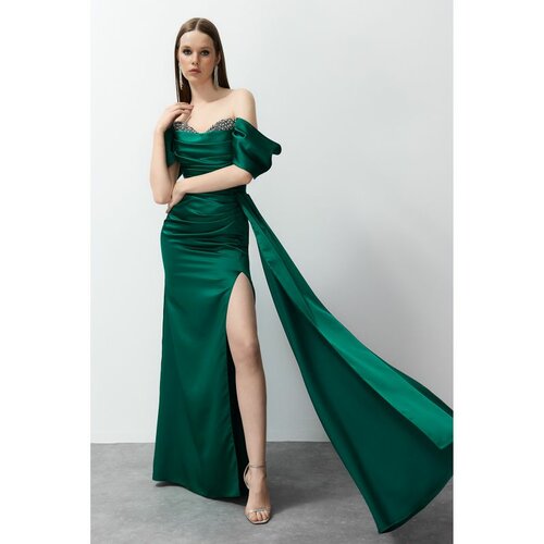 Trendyol Emerald Green Low Sleeve Stone Accessory Detailed Long Woven Elegant Evening Dress Slike