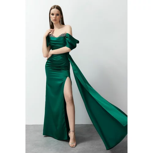 Trendyol Emerald Green Low Sleeve Stone Accessory Detailed Long Woven Elegant Evening Dress