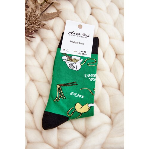 Kesi Men's socks with Asian noodle patterns, green Cene