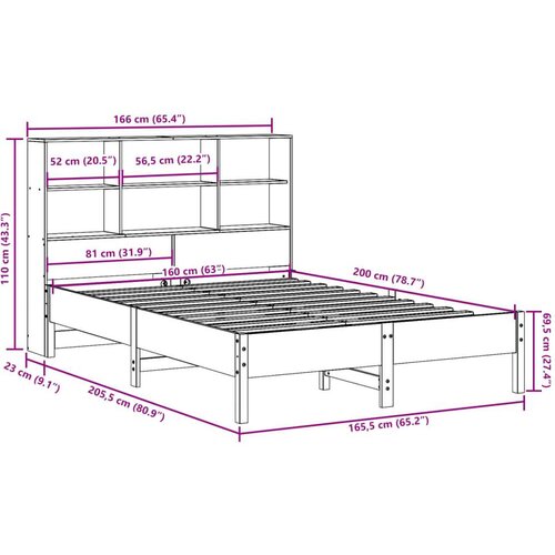VidaXL Krevet s regalom za knjige bez madraca 160x200 cm od borovine Slike