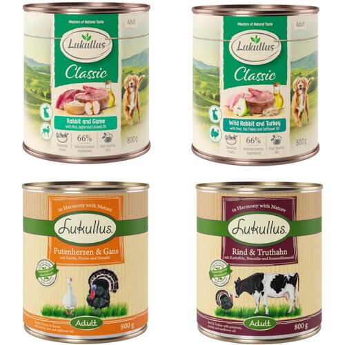  Ekonomično pakiranje Lukullus 24 x 800 g - Divlji zec i puretina, pureća srca i guska, kunić i divljač, govedina i puretina Cijene