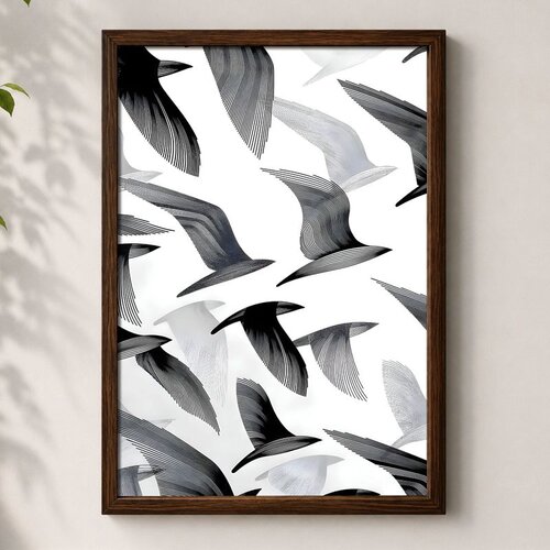 Wallxpert uramljena mdf slika 3752KACT-050, jato crno-belih ptica u letu, linijski crtež, 37 x 52 cm Cene