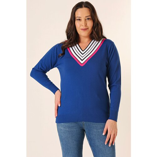 By Saygı Striped V-Neck Plus Size Knitwear Sweater Slike