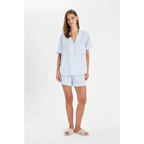 Defacto Fall in Love Regular Fit Striped Short Sleeve Viscose Pajama Set with Shorts