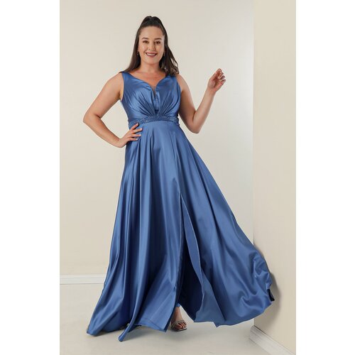 By Saygı V-Neck Plus Size Satin Dress with Thick Straps and Beaded Lined Waist Slike