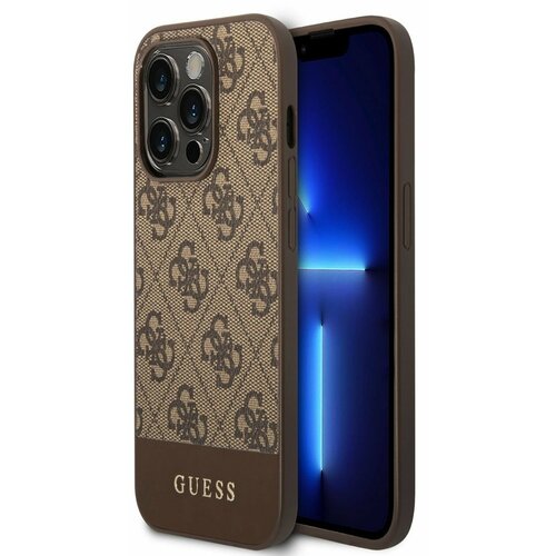 Guess PU 4G Stripe Zadn&amp;iacute; Kryt pro iPhone 14 Pro Max Brown Ovitek za telefon Vijolična Slike