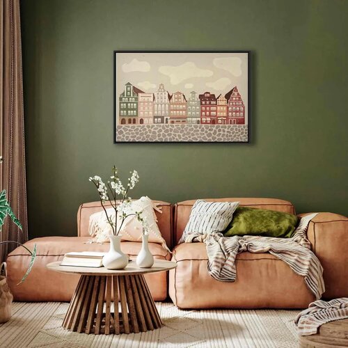  Slika - Salt Square - Colorful Illustrated Townhouses Against a Cloudy Sky Background 120x80 U crnom drvenom okviru Cijene
