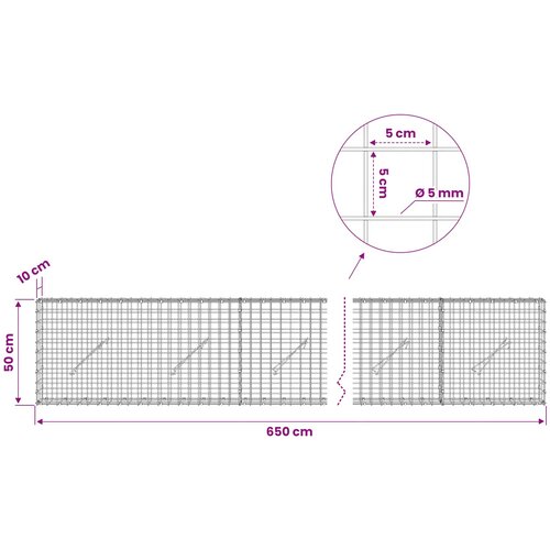  Gabion s 5 mm žicom i mrežom 5x5 cm 650x10x50 cm Slike