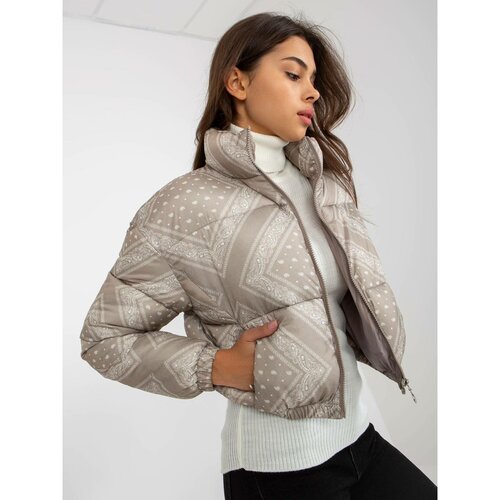 Fashion Hunters Dark beige short quilted down jacket with patterns Slike