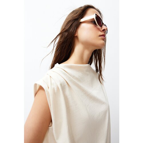 Trendyol Stone Boat Neck Zero Sleeve Gathered Knitted T-Shirt Slike